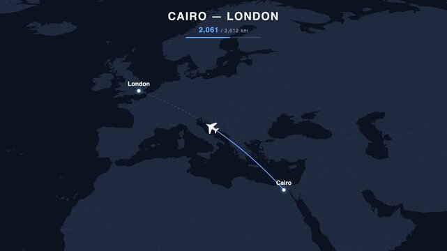 Flight route from Cairo to London animated on a world map. Seamless looping 4K travel animation, 3,512 km.