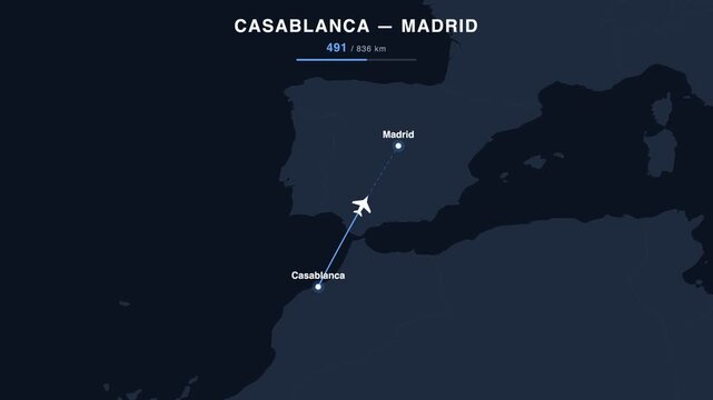 Flight route from Casablanca to Madrid animated on a world map. Seamless looping 4K travel animation, 836 km.