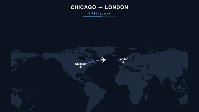 Flight route from Chicago to London animated on a world map. Seamless looping 4K travel animation, 6,353 km.