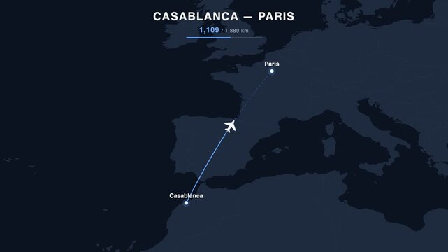 Flight route from Casablanca to Paris animated on a world map. Seamless looping 4K travel animation, 1,889 km.