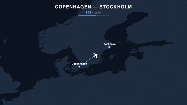 Flight route from Copenhagen to Stockholm animated on a world map. Seamless looping 4K travel animation, 522 km.