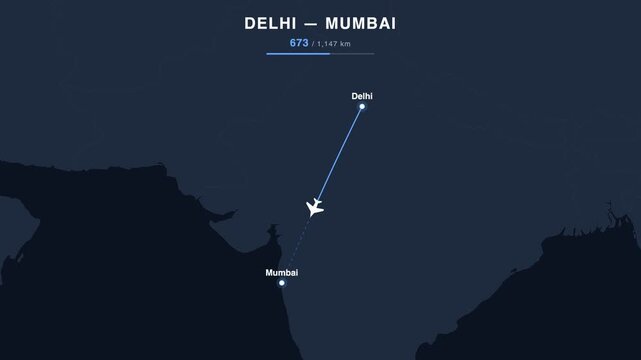 Flight route from Delhi to Mumbai animated on a world map. Seamless looping 4K travel animation, 1,147 km.