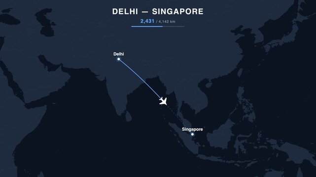 Flight route from Delhi to Singapore animated on a world map. Seamless looping 4K travel animation, 4,142 km.