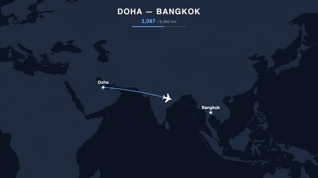 Flight route from Doha to Bangkok animated on a world map. Seamless looping 4K travel animation, 5,260 km.