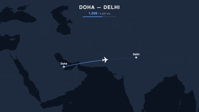 Flight route from Doha to Delhi animated on a world map. Seamless looping 4K travel animation, 2,567 km.