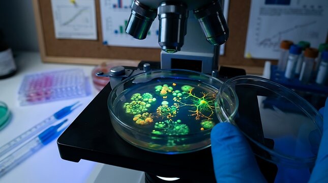 Colorful Bioluminescent Microorganisms Under Microscope