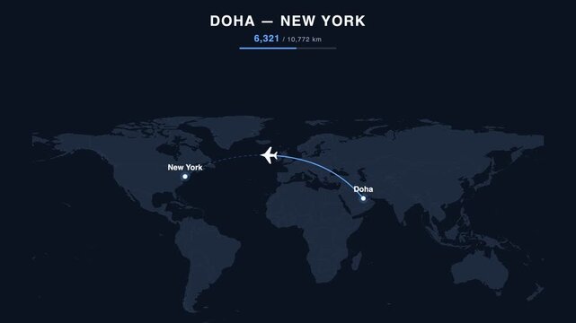 Flight route from Doha to New York animated on a world map. Seamless looping 4K travel animation, 10,772 km.