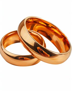 Two intertwined golden wedding rings isolated on a plain background symbolizing unity and love