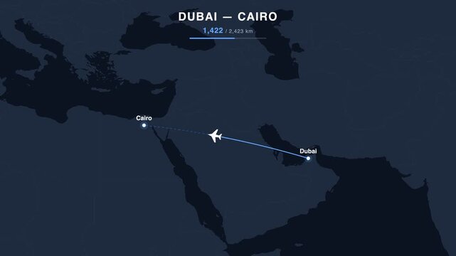 Flight route from Dubai to Cairo animated on a world map. Seamless looping 4K travel animation, 2,423 km.