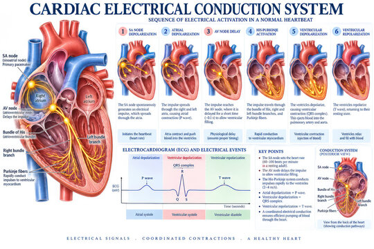 Cardiac Electrical Conduction System and ECG Heartbeat Sequence Medical Infographic