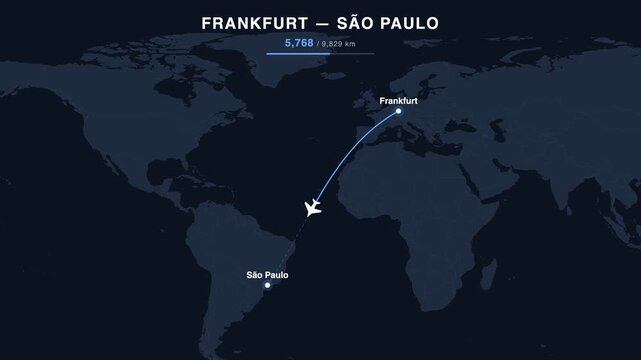 Flight route from Frankfurt to S&atilde;o Paulo animated on a world map. Seamless looping 4K travel animation, 9,829 km.