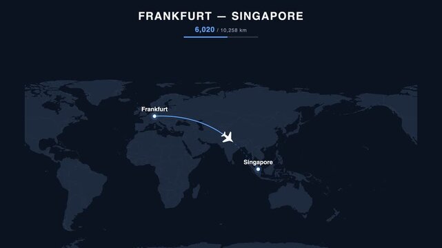 Flight route from Frankfurt to Singapore animated on a world map. Seamless looping 4K travel animation, 10,258 km.