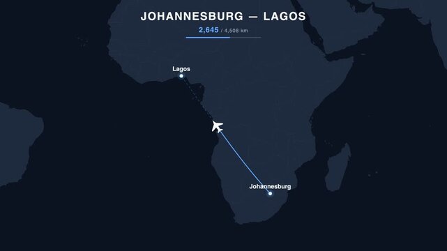 Flight route from Johannesburg to Lagos animated on a world map. Seamless looping 4K travel animation, 4,508 km.