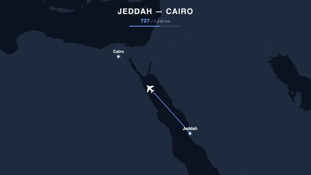 Flight route from Jeddah to Cairo animated on a world map. Seamless looping 4K travel animation, 1,239 km.
