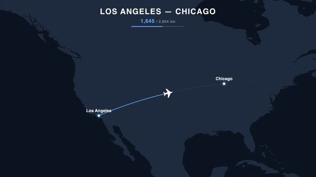 Flight route from Los Angeles to Chicago animated on a world map. Seamless looping 4K travel animation, 2,804 km.