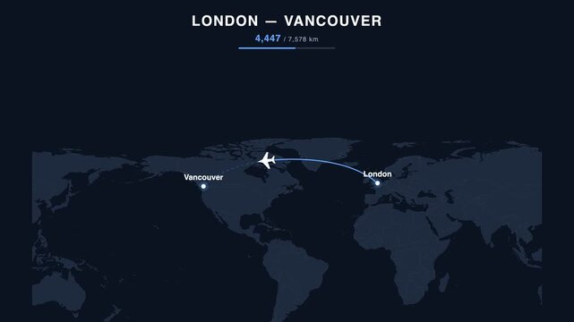 Flight route from London to Vancouver animated on a world map. Seamless looping 4K travel animation, 7,578 km.