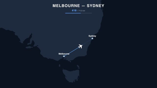 Flight route from Melbourne to Sydney animated on a world map. Seamless looping 4K travel animation, 713 km.