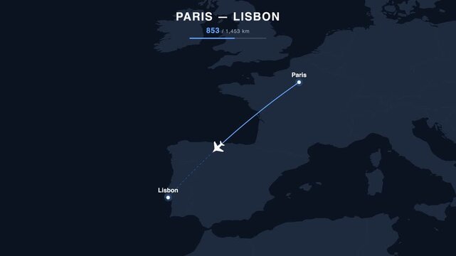 Flight route from Paris to Lisbon animated on a world map. Seamless looping 4K travel animation, 1,453 km.