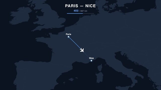 Flight route from Paris to Nice animated on a world map. Seamless looping 4K travel animation, 687 km.
