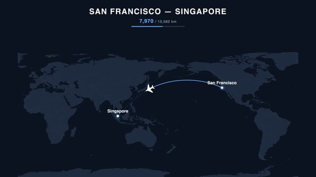 Flight route from San Francisco to Singapore animated on a world map. Seamless looping 4K travel animation, 13,582 km.