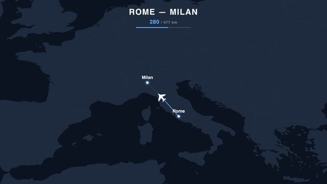 Flight route from Rome to Milan animated on a world map. Seamless looping 4K travel animation, 477 km.