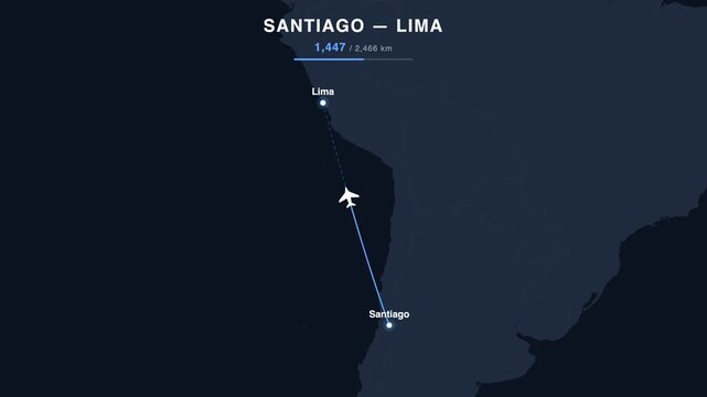 Flight route from Santiago to Lima animated on a world map. Seamless looping 4K travel animation, 2,466 km.