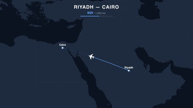Flight route from Riyadh to Cairo animated on a world map. Seamless looping 4K travel animation, 1,634 km.