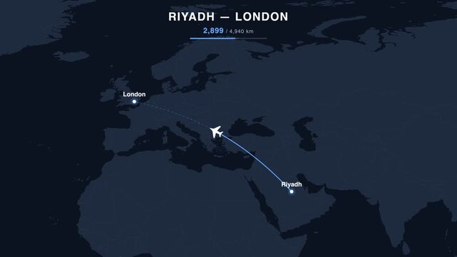 Flight route from Riyadh to London animated on a world map. Seamless looping 4K travel animation, 4,940 km.