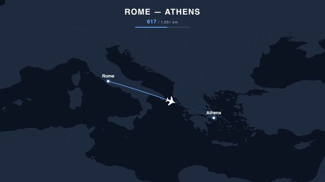 Flight route from Rome to Athens animated on a world map. Seamless looping 4K travel animation, 1,051 km.