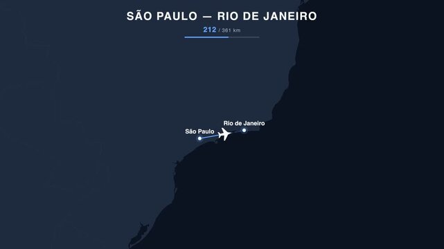 Flight route from S&atilde;o Paulo to Rio de Janeiro animated on a world map. Seamless looping 4K travel animation, 361 km.