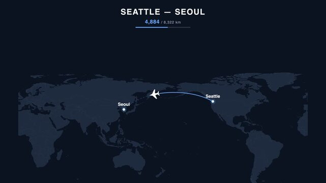 Flight route from Seattle to Seoul animated on a world map. Seamless looping 4K travel animation, 8,322 km.