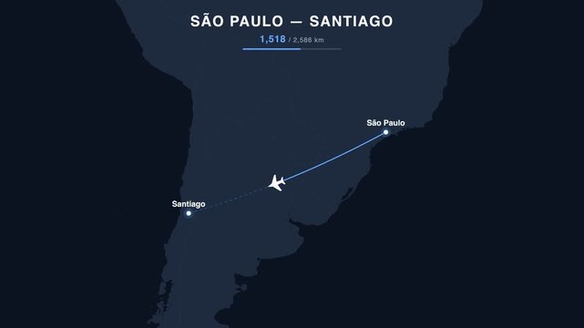 Flight route from S&atilde;o Paulo to Santiago animated on a world map. Seamless looping 4K travel animation, 2,586 km.