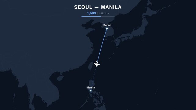 Flight route from Seoul to Manila animated on a world map. Seamless looping 4K travel animation, 2,622 km.