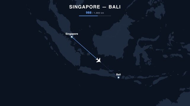 Flight route from Singapore to Bali animated on a world map. Seamless looping 4K travel animation, 1,683 km.