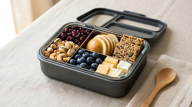 Black bento lunch box with healthy snacks including nuts berries cheese and crackers. travel snack boxes