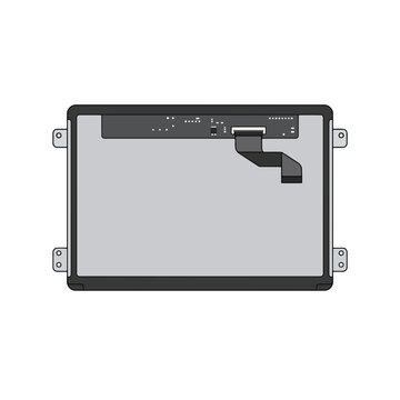 Laptop screen panel LCD display replacement, rectangular thin display with bezel, LVDS or eDP connector cable on back, mounting brackets on sides, clean flat geometry, minimalistic tech icon.