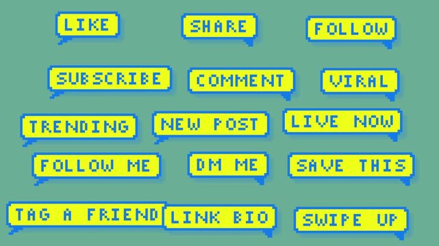 Pixel art social media speech bubbles pack with call to action text