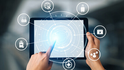 Obraz premium The concept of digital travel planning simplifies modern journeys. Using an online app for travel planning ensures a seamless experience from booking flights to finding hotels. Gist