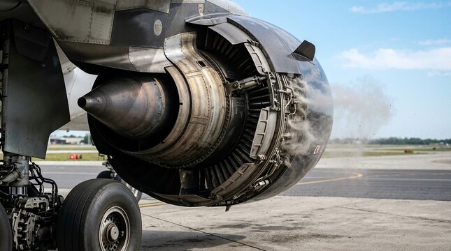 Commercial jet engine with deployed thrust reversers on an airport tarmac. Aircraft braking mechanism blowing dust and exhaust. Close up of aviation engineering