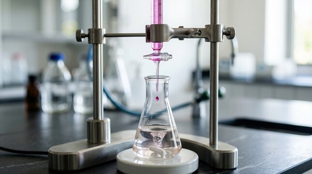 Close up of a laboratory burette titration setup. Pink liquid dropping into an Erlenmeyer flask during a chemistry experiment