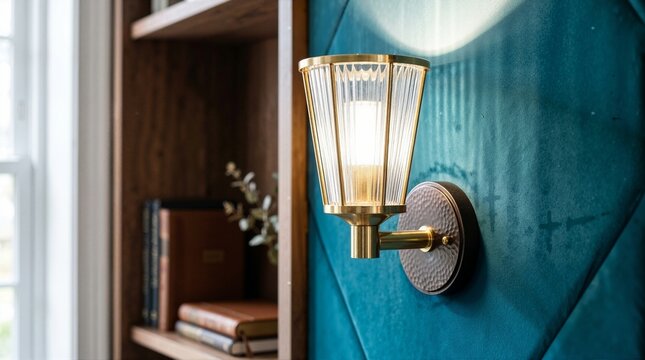 Elegant brass wall sconce with fluted glass shade casting a warm upward glow. Mounted on a teal blue tufted wall next to a wooden bookshelf