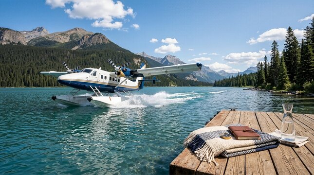 White and blue seaplane taxiing on a turquoise alpine lake. Wooden dock with travel journal and compass in foreground against a mountain landscape