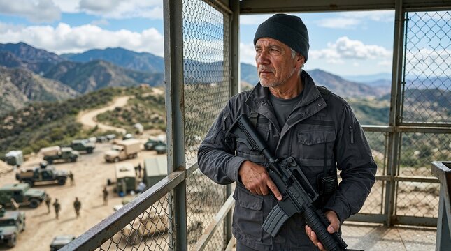 Older male soldier standing watch in a guard tower with a rifle. Armed security contractor observing a military base in a mountainous desert landscape
