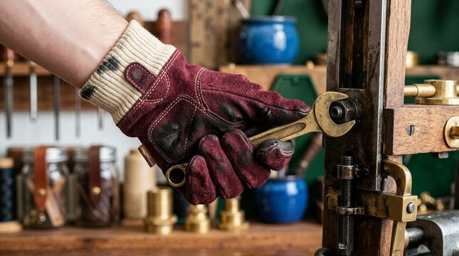 Gloved hand tightening bolt with wrench on vintage machine in workshop. Mechanic using spanner tool with stained work glove