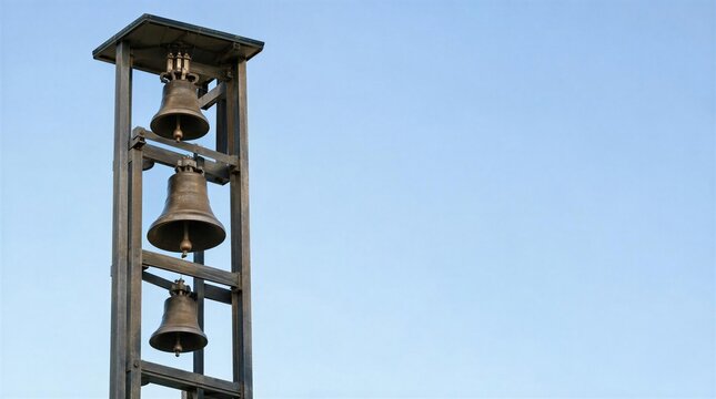 Three metal bells hanging on a tower against a clear blue sky  