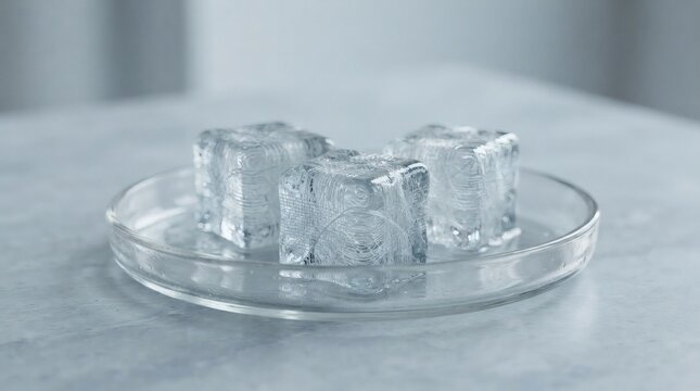 Three clear ice cubes with intricate patterns on a glass plate