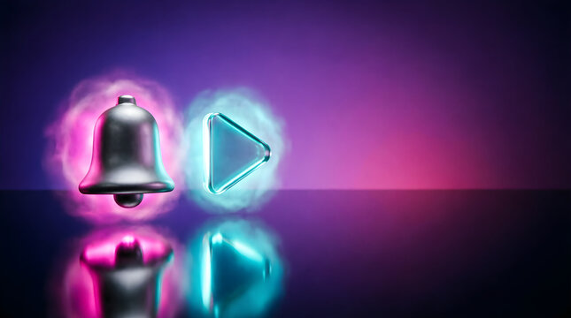 Glowing bell and play icons on dark background for streaming subscription content