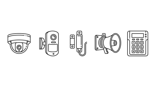 Line Art Security Devices Set Dome Camera Doorbell Intercom Speaker
