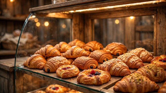 Bakery display case with croissants and pastries