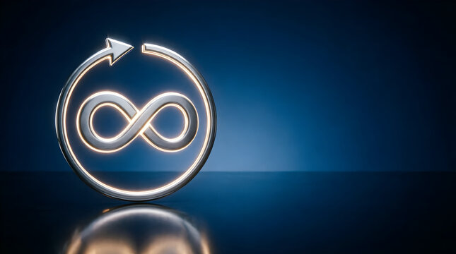 Silver infinity symbol inside circular arrow on blue for circular economy campaign visual